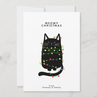 Funny Black Cat Tangled Up In Christmas Light  Holiday Card