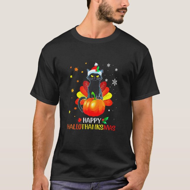 Funny Black Cat Turkey Hallo-Thank-Mas Happy Thank T-Shirt (Front)