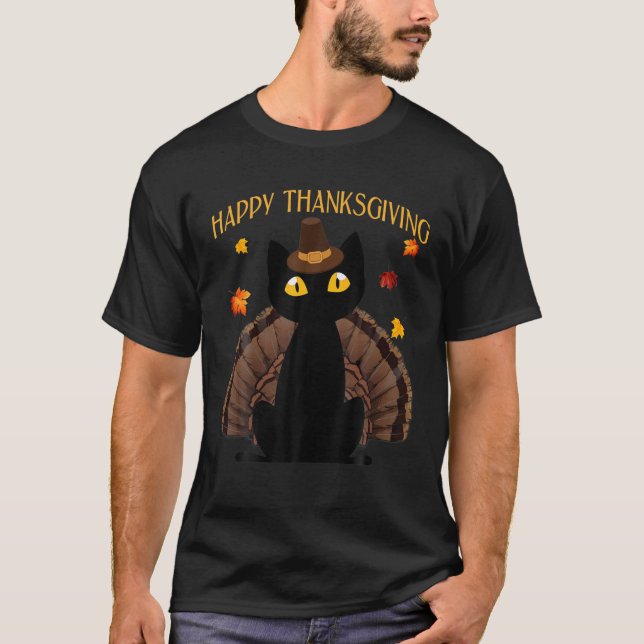Funny Black Cat Turkey Happy Thanksgiving Gift T-Shirt (Front)