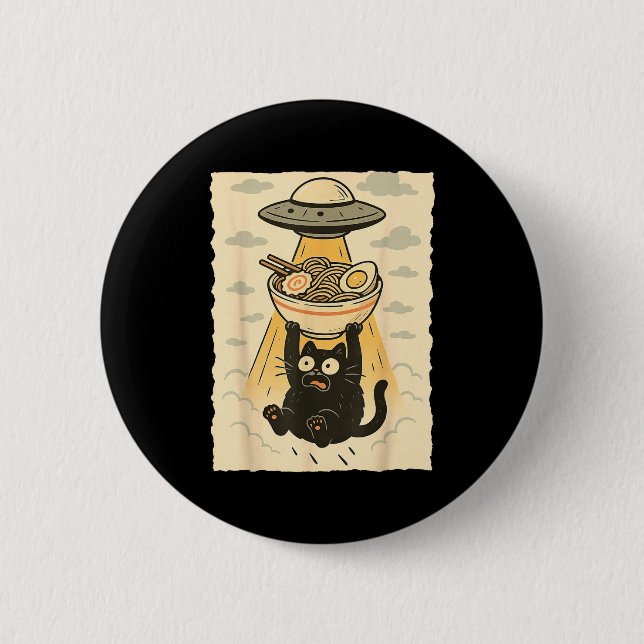 Funny Black Cat Ufo Ramen Alien Abduction Graphic  Button (Front)