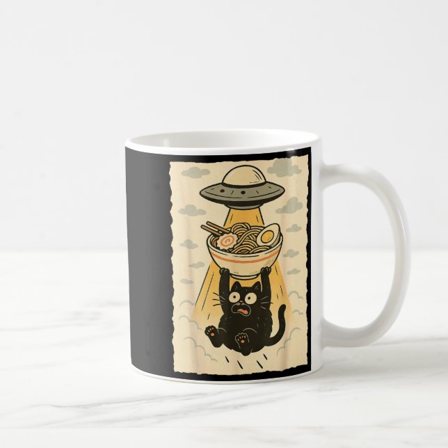 Funny Black Cat Ufo Ramen Alien Abduction Graphic  Coffee Mug (Right)