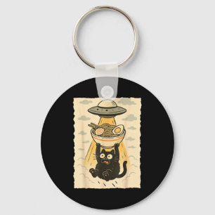 Funny Black Cat Ufo Ramen Alien Abduction Graphic  Keychain
