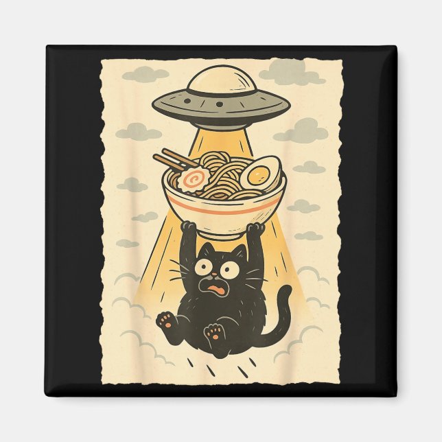 Funny Black Cat Ufo Ramen Alien Abduction Graphic  Magnet (Front)