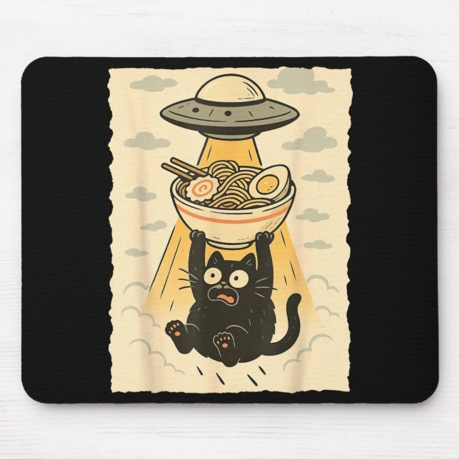 Funny Black Cat Ufo Ramen Alien Abduction Graphic  Mouse Pad (Front)
