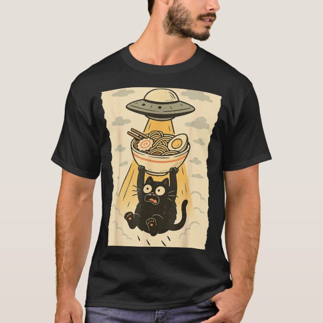 Funny Black Cat Ufo Ramen Alien Abduction Graphic  T-Shirt (Front)
