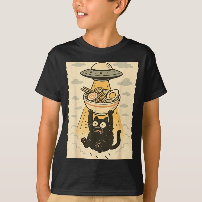 Funny Black Cat Ufo Ramen Alien Abduction Graphic  T-Shirt (Front)