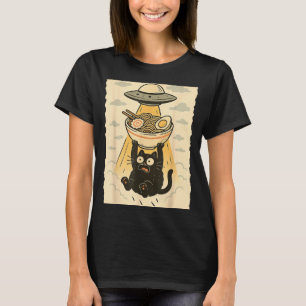 Funny Black Cat Ufo Ramen Alien Abduction Graphic  T-Shirt