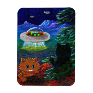 Funny Black Cat UFO Tabby Cat Flying Saucer Magnet