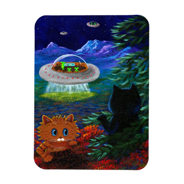 Funny Black Cat UFO Tabby Cat Flying Saucer Magnet (Vertical)