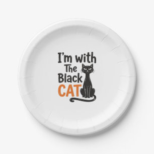 Funny Black Cat Vintage Engraving Halloween Design Paper Plates