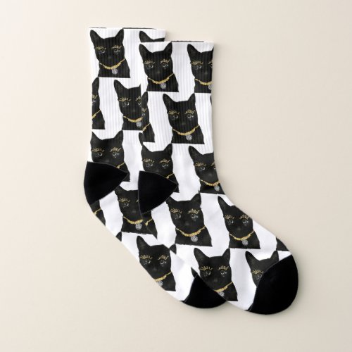 Funny Black Cat Wearing Gold Glitter White Custom Socks