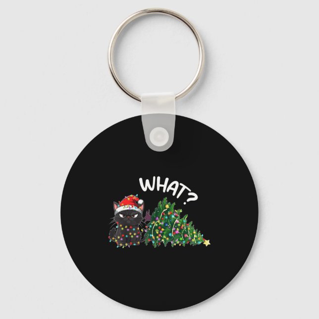 Funny Black Cat What_ Christmas Tree Funny Cat Lov Keychain (Front)