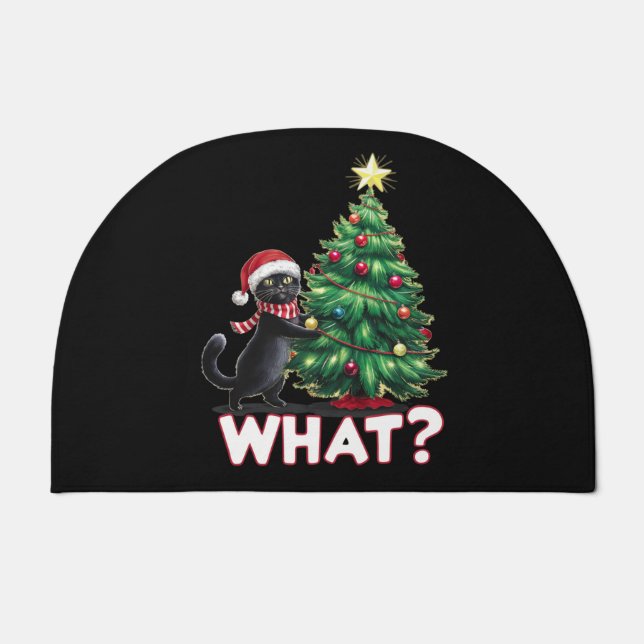 Funny Black Cat What Xmas Christmas Tree Doormat (Front)