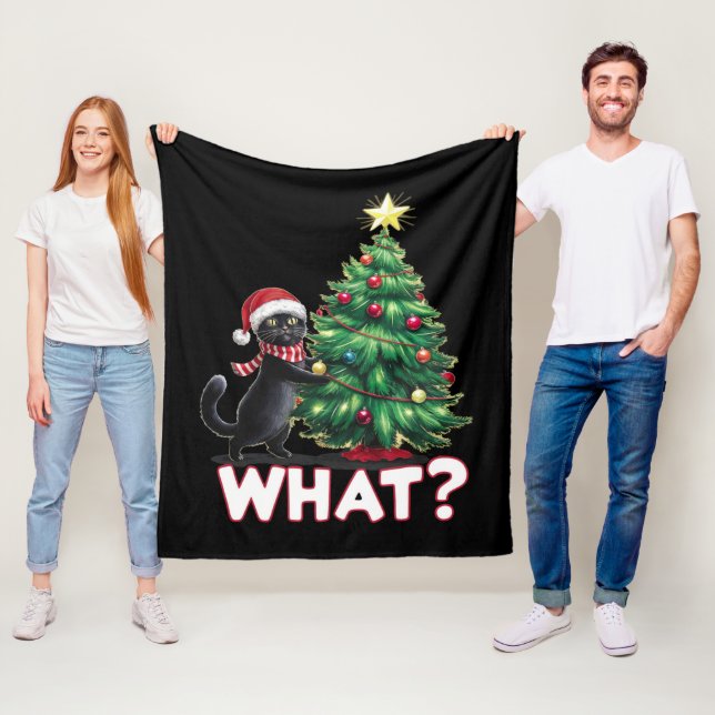 Funny Black Cat What Xmas Christmas Tree Fleece Blanket (In Situ)