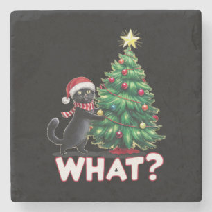 Funny Black Cat What Xmas Christmas Tree Stone Coaster