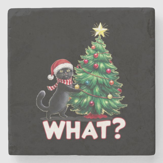 Funny Black Cat What Xmas Christmas Tree Stone Coaster (Front)