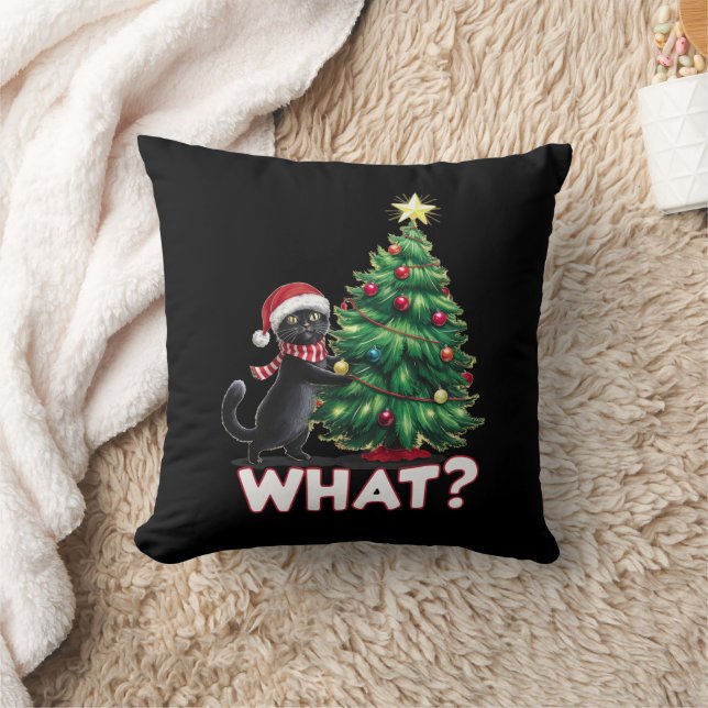 Funny Black Cat What Xmas Christmas Tree Throw Pillow (Blanket)