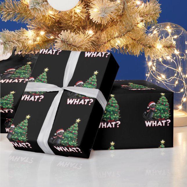 Funny Black Cat What Xmas Christmas Tree Wrapping Paper (Holidays)