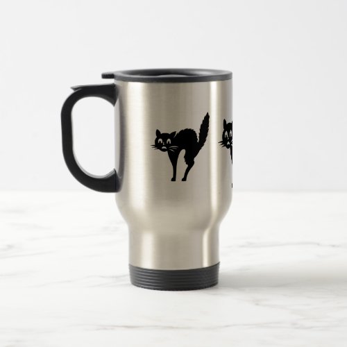 funny black cat with arched back halloween travel mug