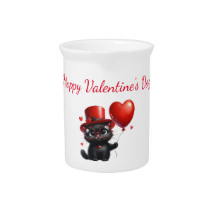 Funny Black Cat With Balloons Valentine's Day Beverage Pitcher
