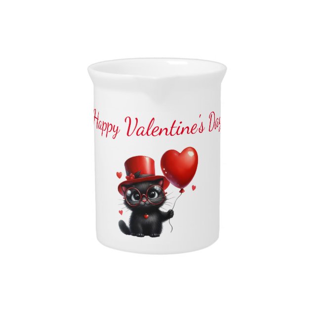 Funny Black Cat With Balloons Valentine's Day Beverage Pitcher (Front)