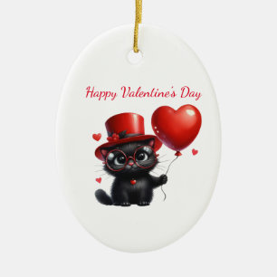 Funny Black Cat With Balloons Valentine's Day Ceramic Ornament