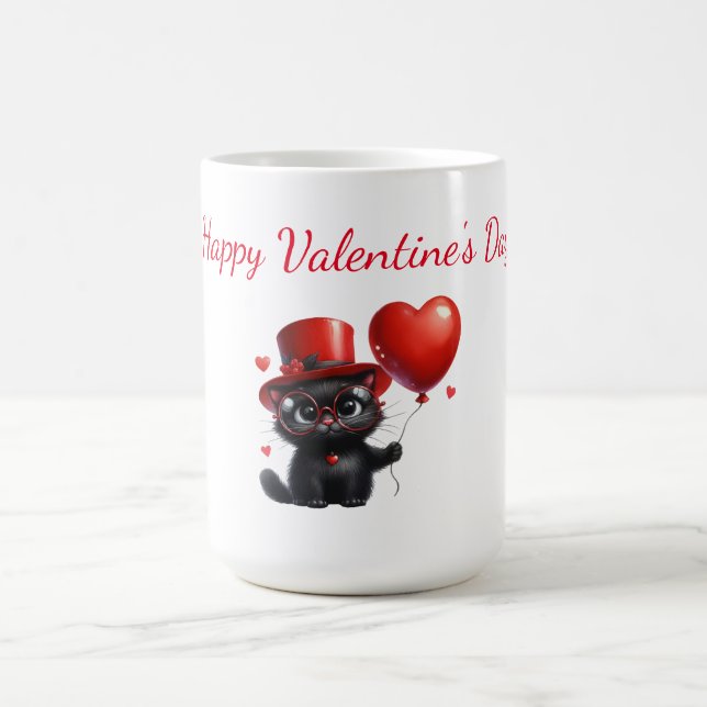 Funny Black Cat With Balloons Valentine's Day Coffee Mug (Center)
