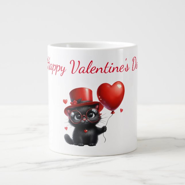 Funny Black Cat With Balloons Valentine's Day Giant Coffee Mug (Front)