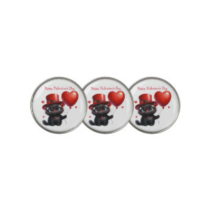 Funny Black Cat With Balloons Valentine's Day Golf Ball Marker