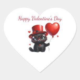 Funny Black Cat With Balloons Valentine's Day Heart Sticker