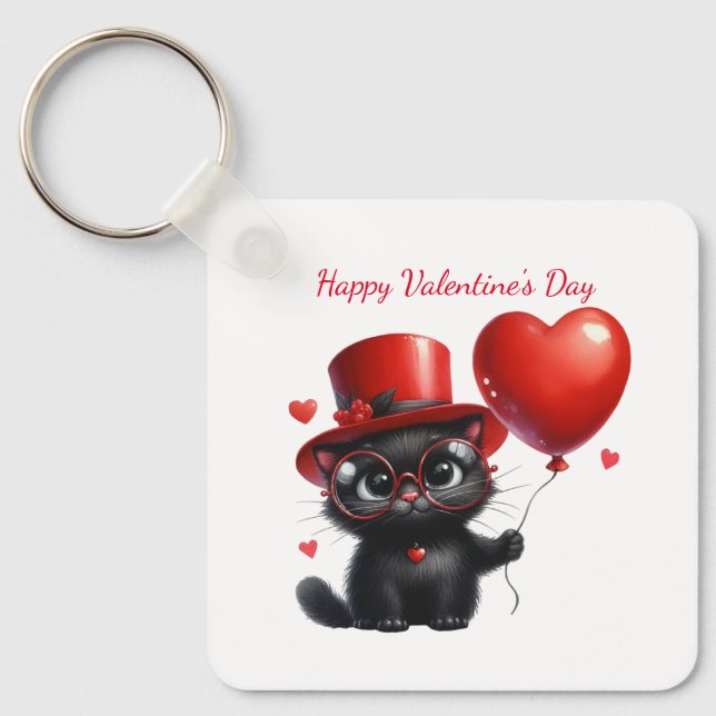 Funny Black Cat With Balloons Valentine's Day Keychain (Front)