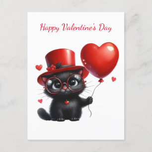 Funny Black Cat With Balloons Valentine's Day Postcard