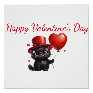 Funny Black Cat With Balloons Valentine's Day Poster