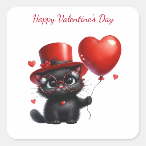Funny Black Cat With Balloons Valentine's Day Square Sticker