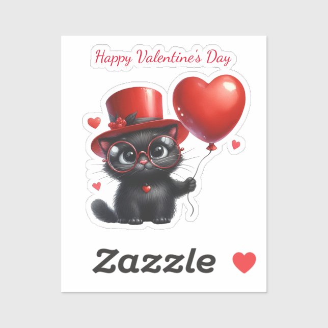 Funny Black Cat With Balloons Valentine's Day Sticker (Sheet)