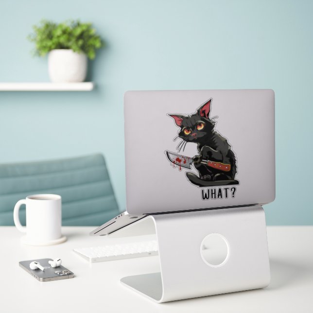 Funny Black Cat with Bloody Knife: What? Sticker (Laptop On Desk)