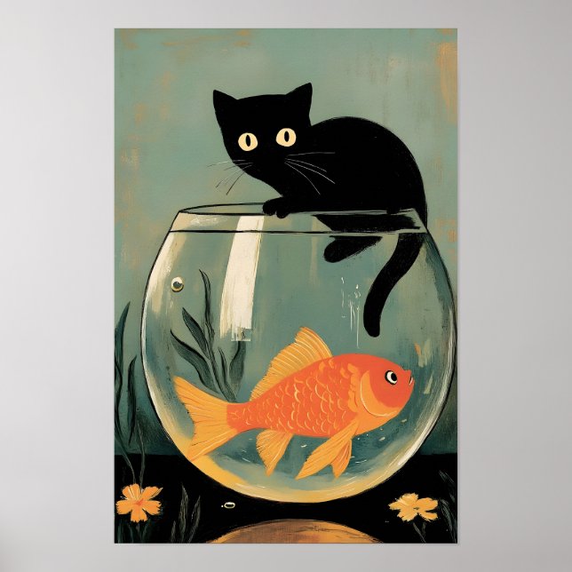 Funny Black cat with Fish Poster (Front)
