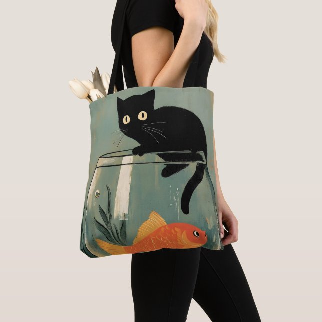 Funny Black cat with Fish Tote Bag (Close Up)