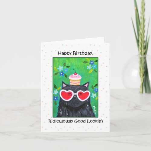 Funny Black Cat with Heart Glasses cute birthday Card