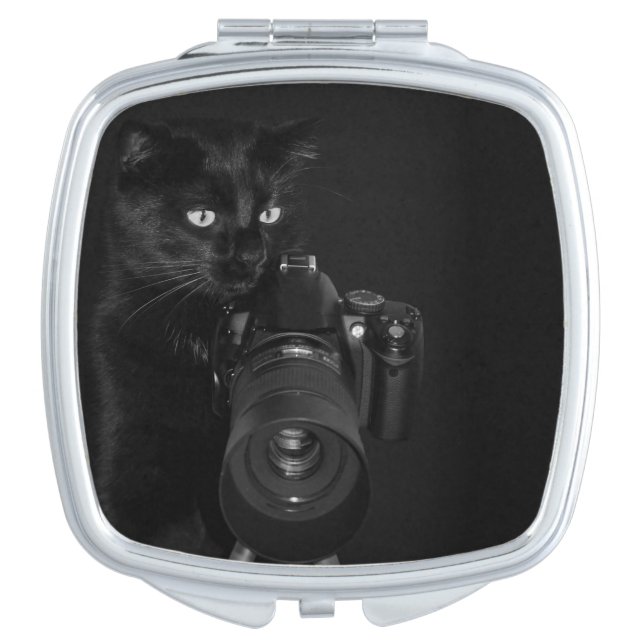 Funny Black Cat with the Camera Compact Mirror (Front)