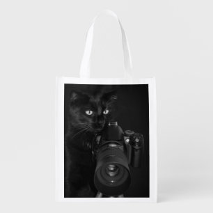 Funny Black Cat with the Camera Grocery Bag