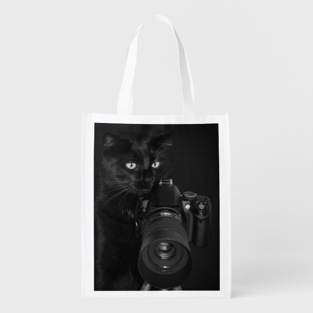 Funny Black Cat with the Camera Grocery Bag (Front)
