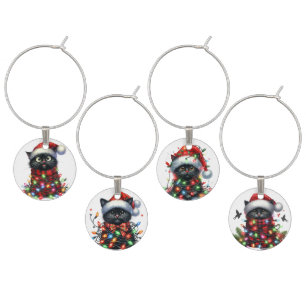 FUNNY BLACK CAT WRAPPED IN CHRISTMAS LIGHTS WINE CHARM