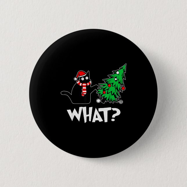 Funny Black Cat Xmas Pushing Christmas Tree Over C Button (Front)