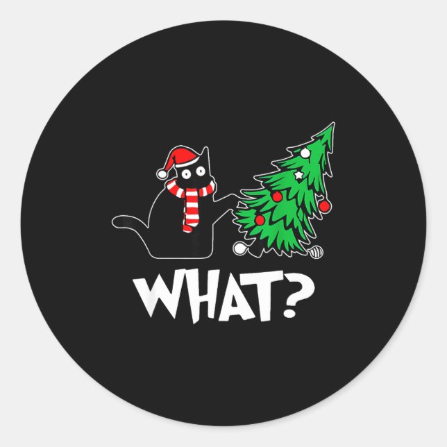 Funny Black Cat Xmas Pushing Christmas Tree Over C Classic Round Sticker (Front)