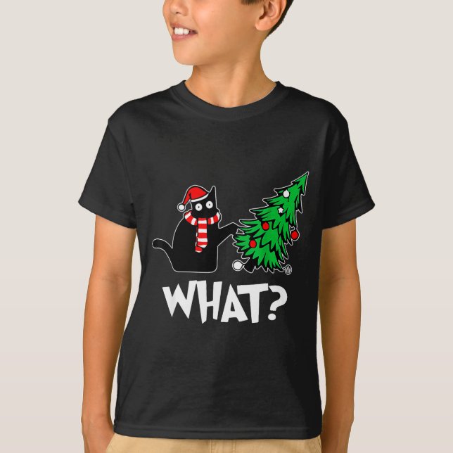 Funny Black Cat Xmas Pushing Christmas Tree Over C T-Shirt (Front)