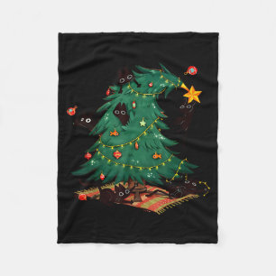 Funny Black Cats Christmas Xmas Tree Family Pajama Fleece Blanket