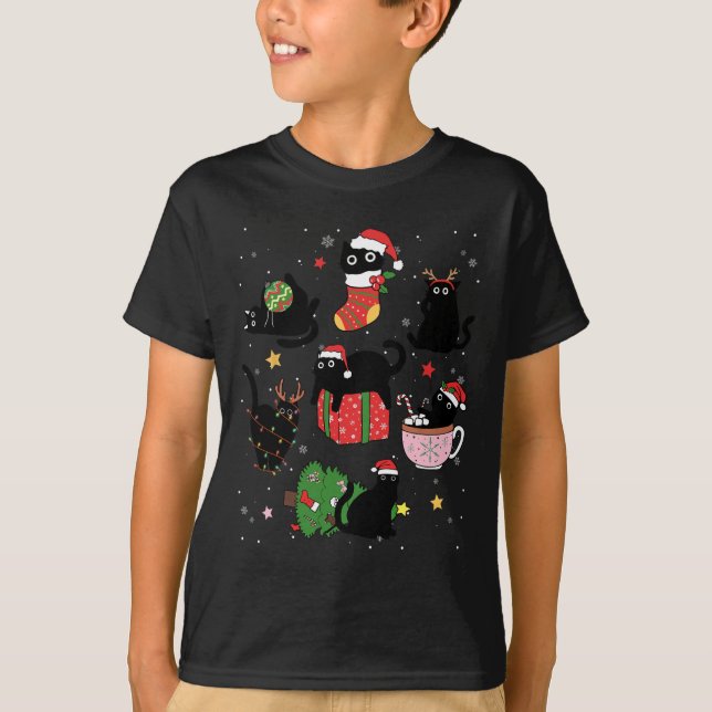 Funny Black Cats Santa Hat Christmas Tree Merry Ch T-Shirt (Front)