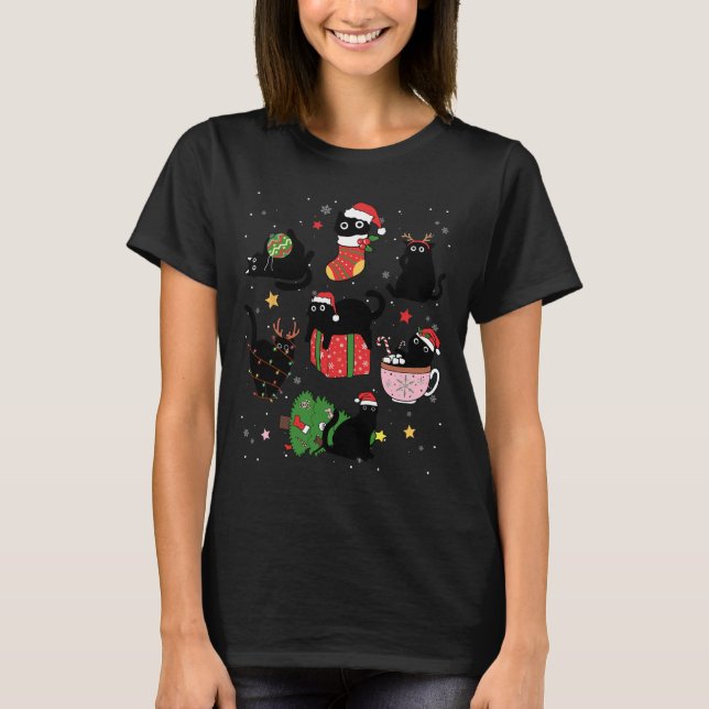 Funny Black Cats Santa Hat Christmas Tree Merry Ch T-Shirt (Front)