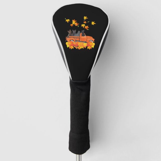 Funny Black Cats Truck Autumn Pumpkin Maple Leaf Golf Head Cover (Front)